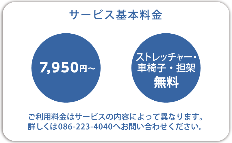 サービス基本料金 6840円〜 ストレッチャー・車椅子・担架無料 ご利用料金はサービスの内容によって異なります。詳しくは086-223-4040へお問い合わせください。