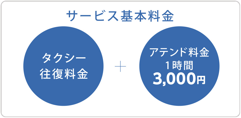 サービス基本料金　タクシー往復料金+アテンド料金1時間3,000円
